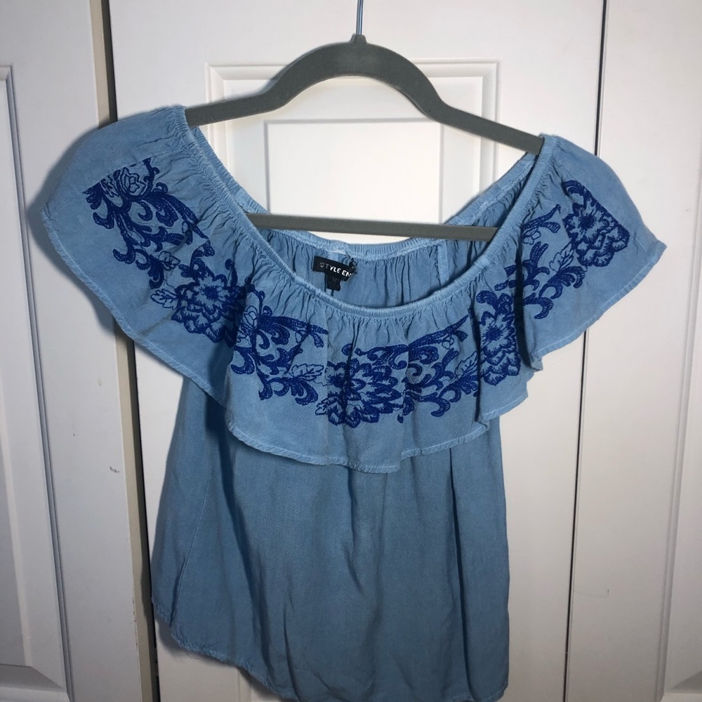 Blue off the shoulder flowy top with embroidering